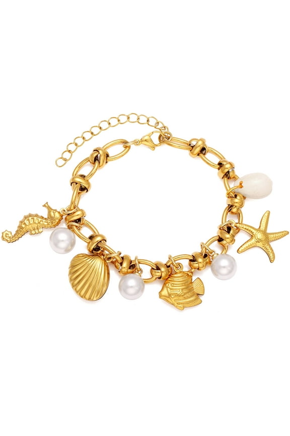 Seashell Charm Bracelet for Women by Ginger Lyne Gold Plated Stainless Steel Pearls Starfish and Shells