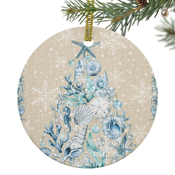 Seashell Christmas Tree Ceramic Ornament 3 Inch Coastal Blue Starfish Coral Linen Texture Round Porcelain Christmas Ornaments with Gold String for Holiday Party Xmas Tree Decor Gift for Family