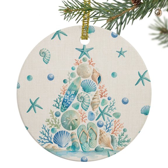 Seashell Christmas Tree Ceramic Ornament 3 Inch Coastal Starfish Flip Flops Blue Round Porcelain Christmas Ornaments with Gold String for Holiday Party Xmas Tree Decor Gift for Friends Family