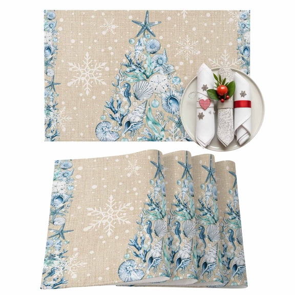 Seashell Christmas Tree Placemats Set of 2, Coastal Blue Starfish Coral Linen Texture Heat Insulated Linen Place Mats, Washable Stain-Proof Table Mats for Dining Tables Holiday Decor 13x19 Inches
