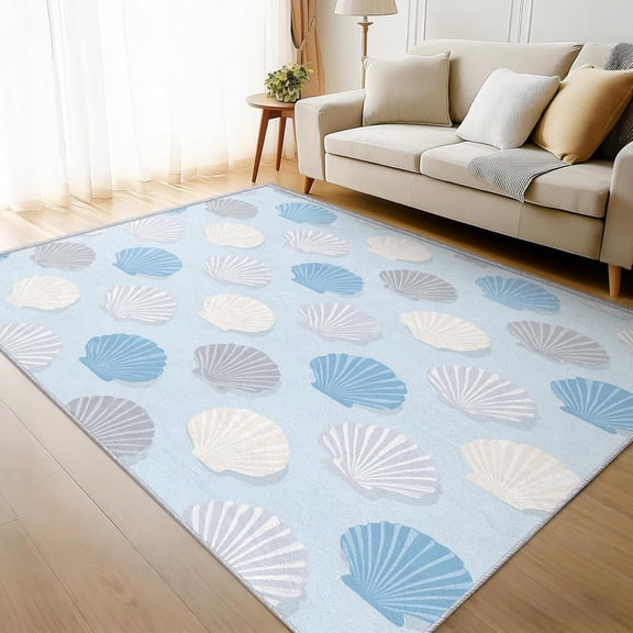 Seashell Coastal Area Rug, Grey Beige Blue Shell Pattern Carpet, Washable Non Slip Low Pile Soft Thin, Living Room Bedroom Home Decor Mat 2x3ft