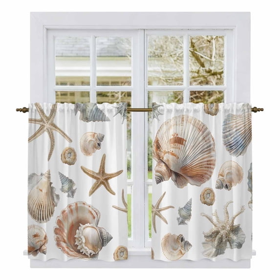 Seashell Coastal Kitchen Curtains, Summer Beach Ocean Starfish Watercolor Light Filtering Window Curtain Panels, 2Pcs Rod Pocket Window Treatments Set for Study Room Bathroom Bedroom 52x54 Inches