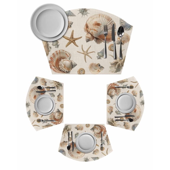 Seashell Coastal Round Table Placemats Set of 4 Wedge Placemats, Summer Beach Ocean Starfish Burlap Place Mats for Dining Table Set Washable Mats Kitchen Decor for Indoor Outdoor Wipe Clean