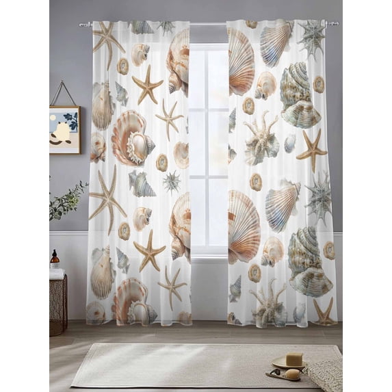 Seashell Coastal Sheer Curtains for Living Room Bedroom Summer Beach Ocean Starfish Watercolor Sheer Curtains 96 Inch Long 2 Panels Set Light Filtering Curtain Window Treatments Drapes