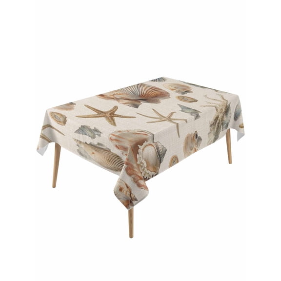 Seashell Coastal Table Cloth, Summer Beach Ocean Starfish Burlap Waterproof Tablecloth for Rectangle Tables, Reusable Washable Fabric Table Cover for Restaurant Kitchen Dining Tables 60"x120"