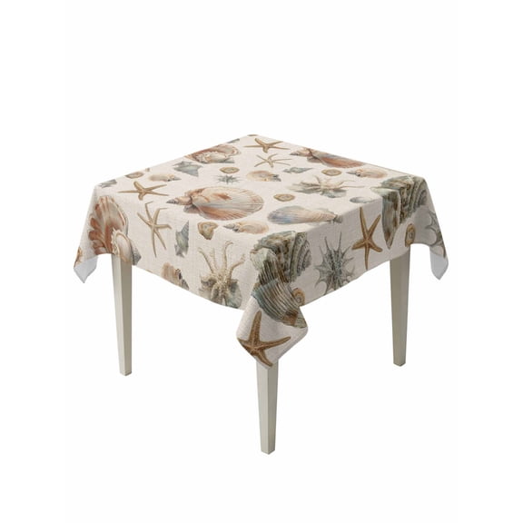 Seashell Coastal Table Cloth, Summer Beach Ocean Starfish Burlap Waterproof Tablecloth for Square Tables, Reusable Washable Fabric Table Cover for Restaurant Kitchen Dining Tables 54"x54"