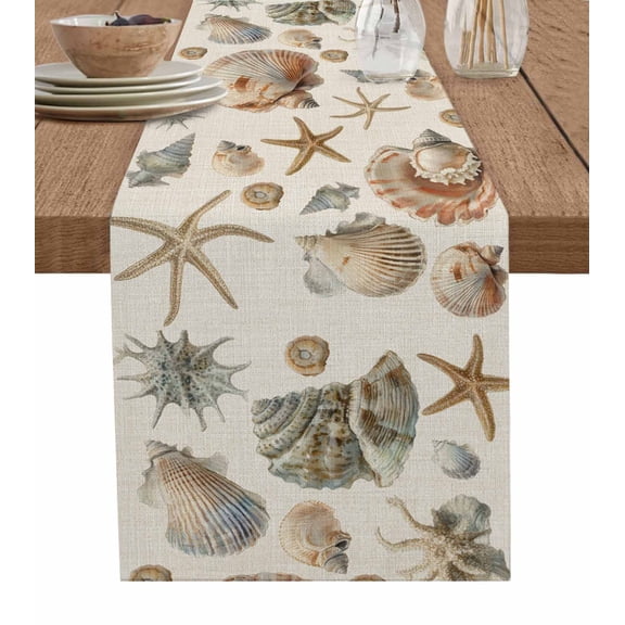 Seashell Coastal Table Runner Cotton Linen 48 Inch Holiday Dresser Scarves, Summer Beach Ocean Starfish Burlap Tablerunner for Kitchen Coffee Dining Bedroom Living Room Dinner Scarf Décor 13''x48''