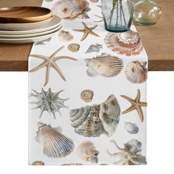 Seashell Coastal Table Runner, Summer Beach Ocean Starfish Watercolor Washable Cotton Linen Table Runners 36 Inches Long, Dresser Scarf Runner for Nightstand/End Tables/Round Tables 13''x36''