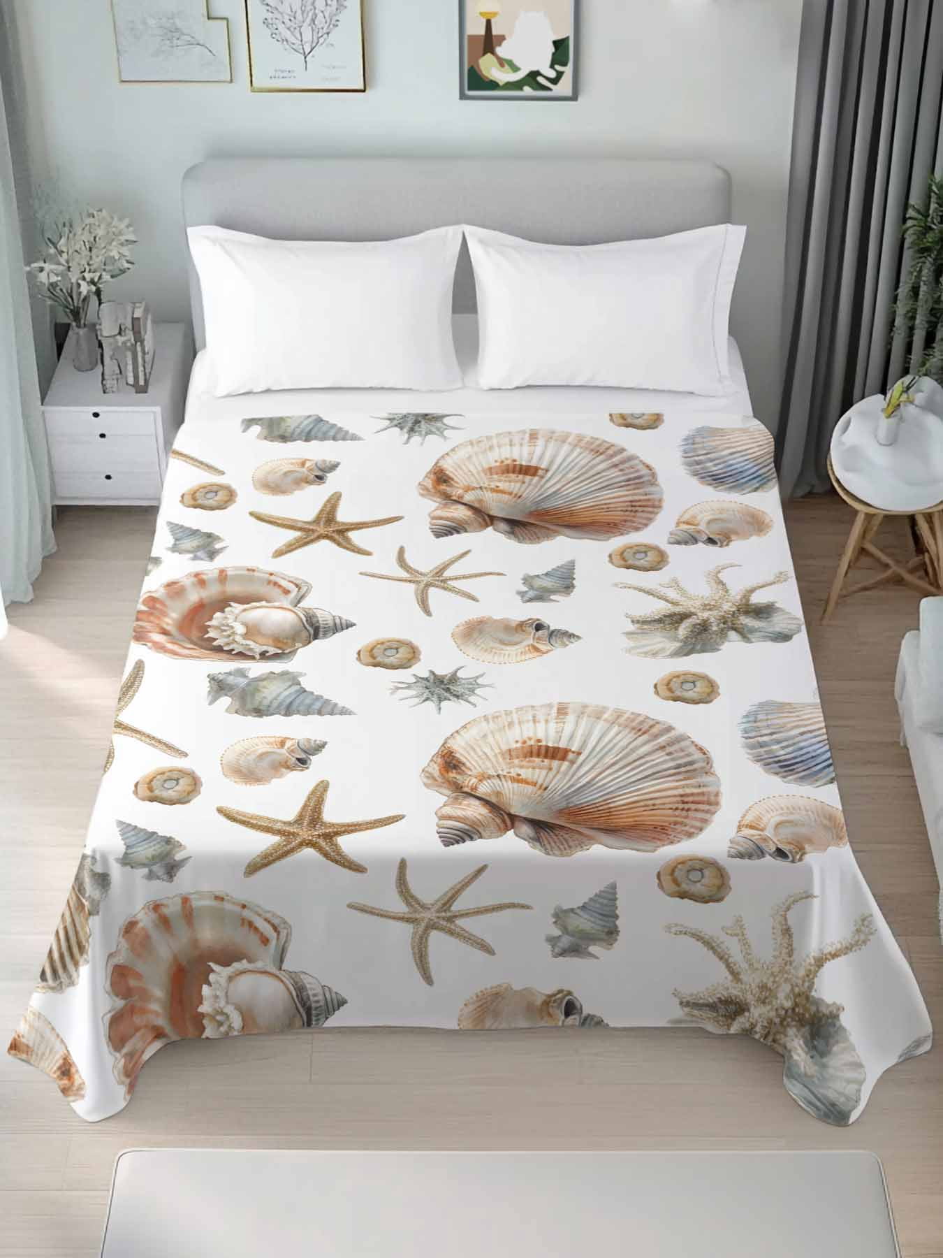 Sae Shell Bed Seashell Coastal Twim Size Flat Sheet, Wrinkleproof & Fadeproof Cooling ...