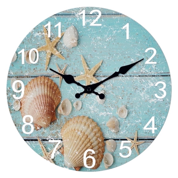 Seashell Coastal Wood Wall Clock Battery Operated 12 Inch