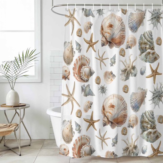 Seashell Coastal Waterproof Fabric Shower Curtain,Summer Beach Ocean Starfish Watercolor Waterproof Fabric Shower Curtain for Bathroom Curtains Bathtubs Shower Curtains with 12 Hooks Stall 48x72in