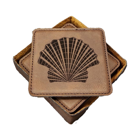 Seashell Coasters - Handmade Coasters Set of 6 - Engraved Barware Decorations - Leather Bar Decor - Man Cave Father's Day Present