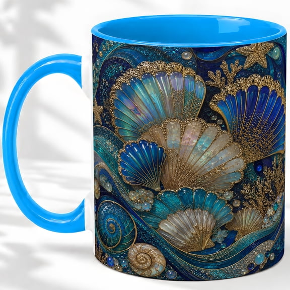 Seashell Coffee Mug, Blue Ocean Shell Art, Coastal Daily Tea Sips for Home