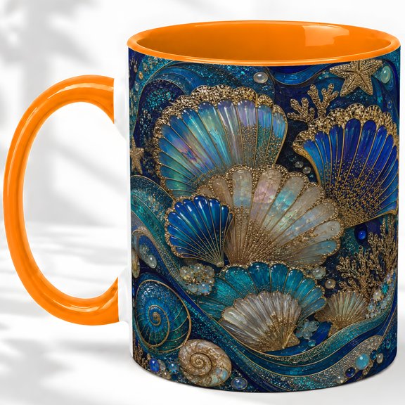 Seashell Coffee Mug, Blue Ocean Shell Art, Coastal Daily Tea Sips for Home