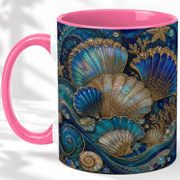 Seashell Coffee Mug, Blue Ocean Shell Art, Coastal Daily Tea Sips for Home