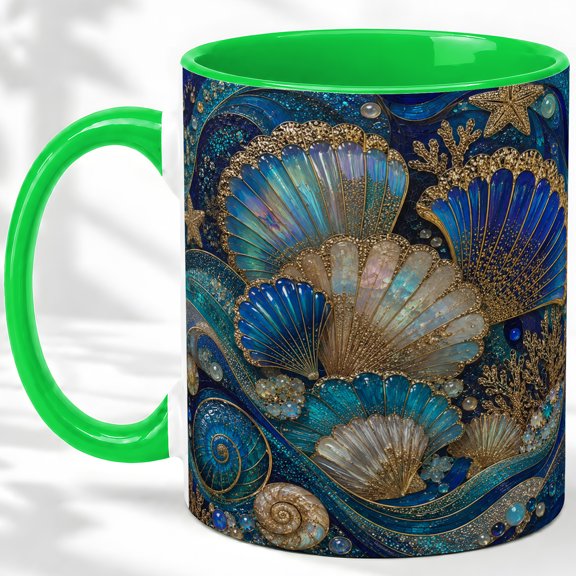 Seashell Coffee Mug, Blue Ocean Shell Art, Coastal Daily Tea Sips for Home