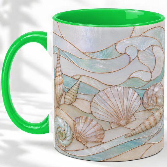 Seashell Coffee Mug, Stained Glass Beach Shell Art, Coastal Daily Tea Sips
