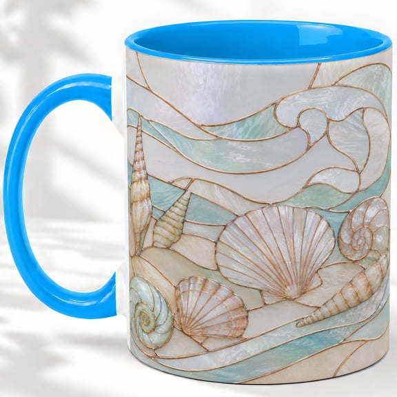 Seashell Coffee Mug, Stained Glass Beach Shell Art, Coastal Daily Tea Sips