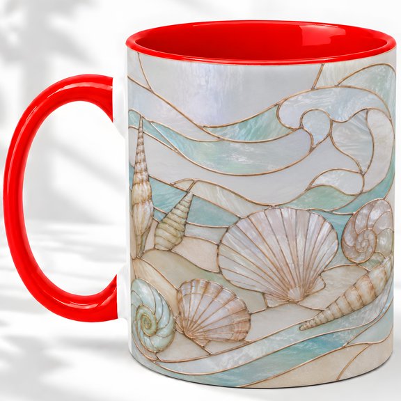 Seashell Coffee Mug, Stained Glass Beach Shell Art, Coastal Daily Tea Sips