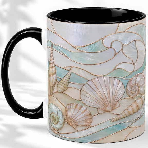 Seashell Coffee Mug, Stained Glass Beach Shell Art, Coastal Daily Tea Sips
