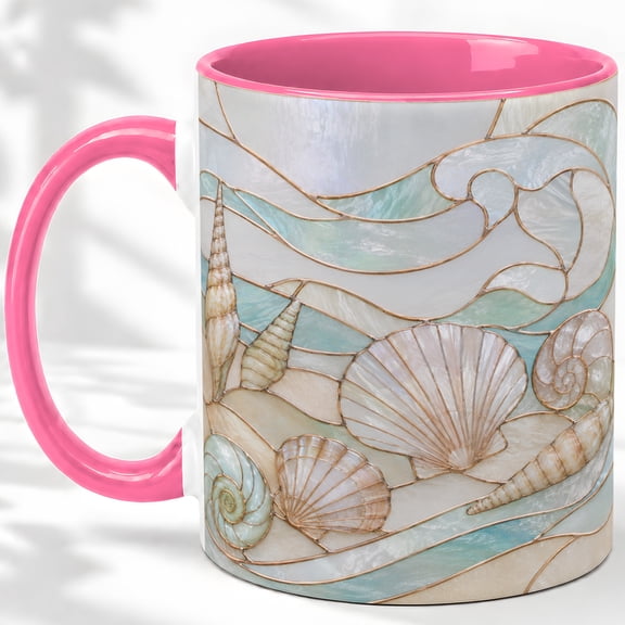 Seashell Coffee Mug, Stained Glass Beach Shell Art, Coastal Daily Tea Sips