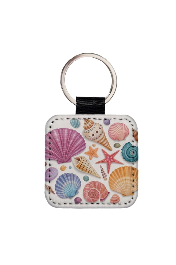 Seashell Collage Colorful Faux Leather Square Keychain