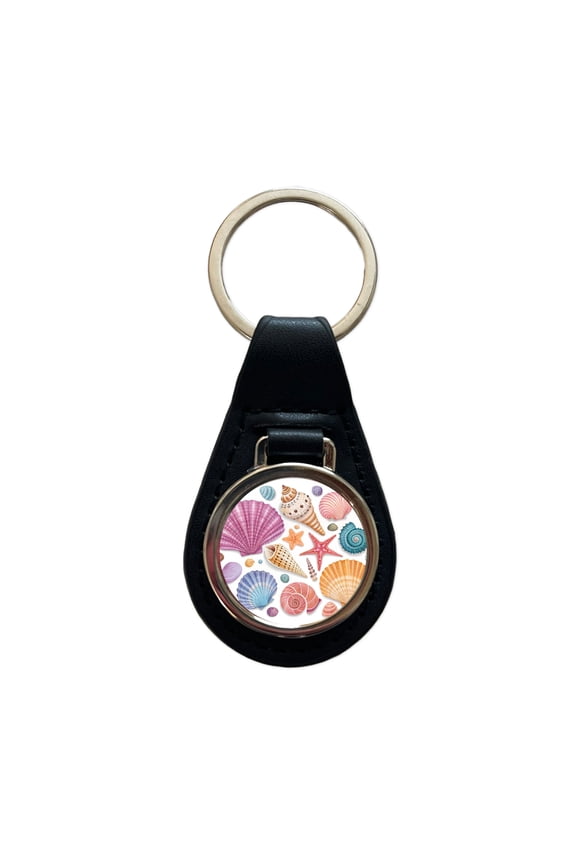 Seashell Collage Colorful Metal Black Leather Keychain
