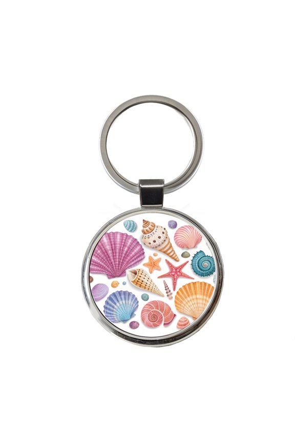 Seashell Collage Colorful Metal Round Keychain