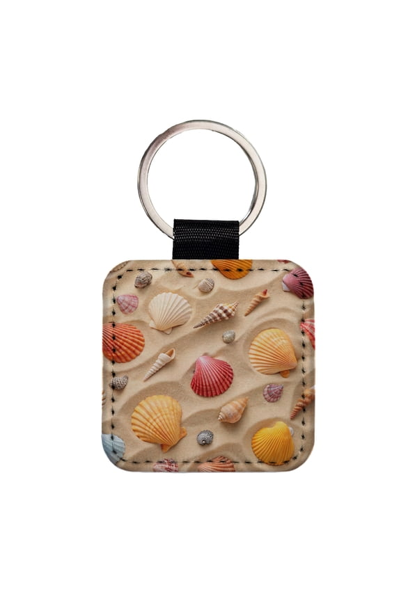 Seashell Collage On Sandy Background Beach Faux Leather Square Keychain