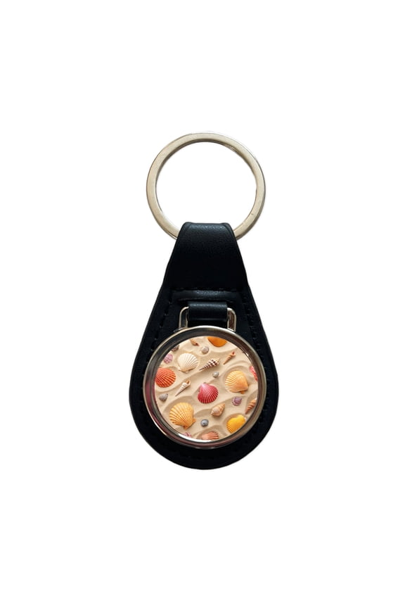 Seashell Collage On Sandy Background Beach Metal Black Leather Keychain