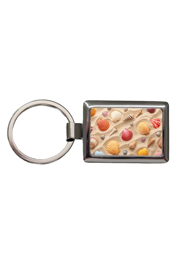 Seashell Collage On Sandy Background Beach Metal Rectangle Keychain
