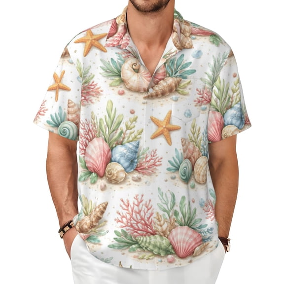 Seashell Coral Ocean Men's Shirts Short-Sleeved with All-Over Prints Button-Up Shirts