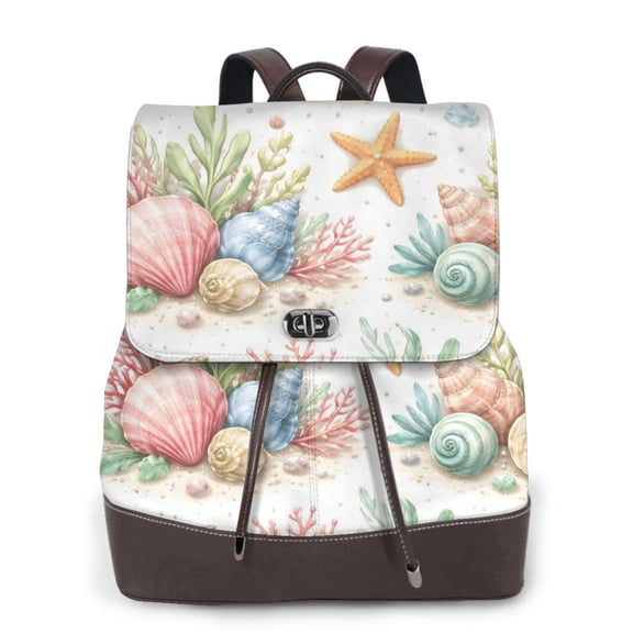 Seashell Coral Ocean Women's Leather Backpack All-Over Print Bag for Work and Travel
