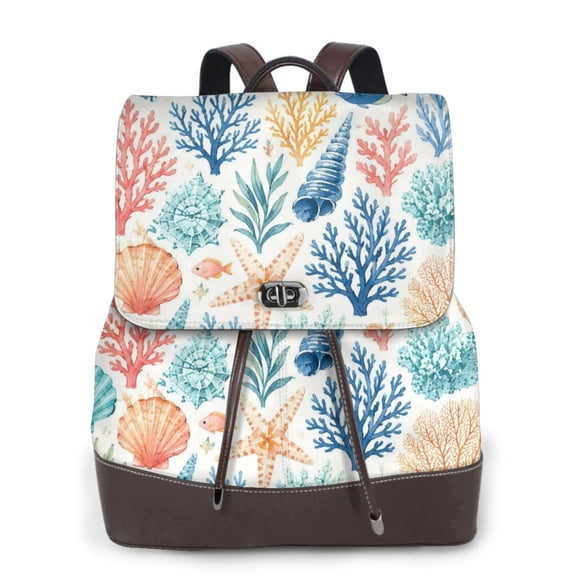 Seashell Coral Women's Leather Backpack All-Over Print Bag for Work and Travel
