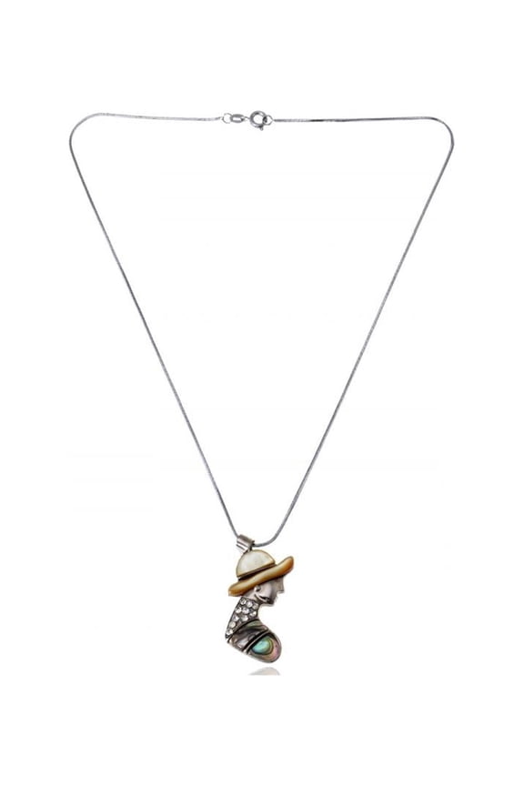 Seashell Crystal Rhinestone Lady Woman Big Hat Profile Bust Pendant Necklace