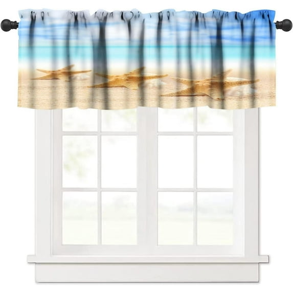 Seashell Curtain Valance Starfish Theme Tropical Beach Ocean Blue Sky White Clouds Curtain Valance Kitchen Bedroom Decor 54"x18"