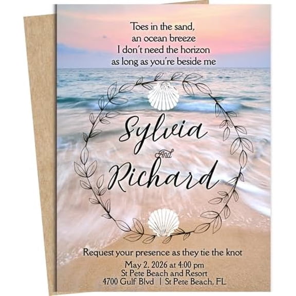 Seashell Custom Wedding Invitations Sandy Beach Invite Set of 15 Glossy Watercolor Cards With Kraft or White Envelopes$$Home Decor, Kitchen, & Other