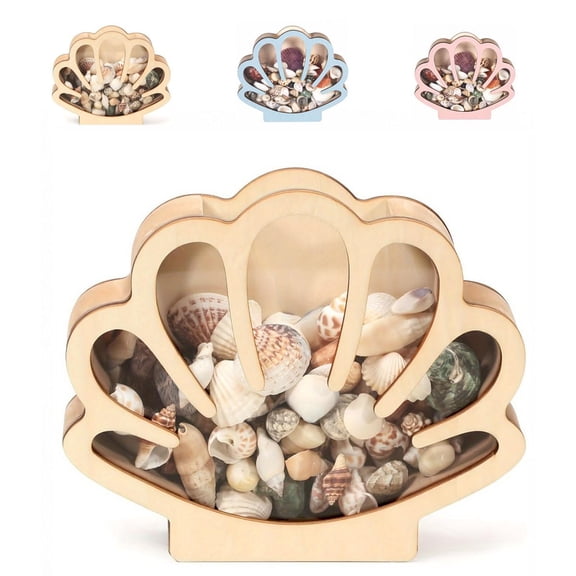 Seashell Display Box with Acrylic Window - Wooden Shell Shaped Holder Case for Seashells, Sea Glass, Shark Teeth, Small Starfish and Rocks, Beach Collection Keepsake Box for Home Decor
