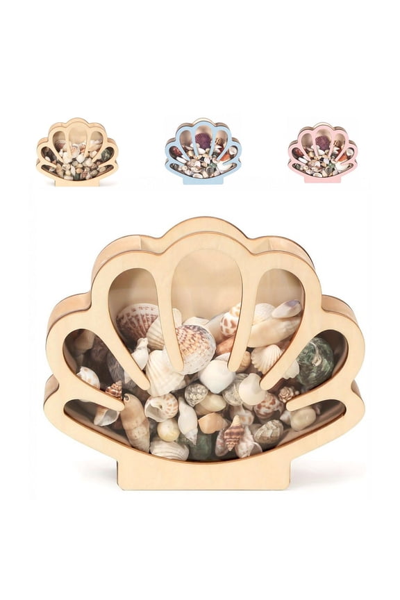 Seashell Display Box with Acrylic Window - Wooden Shell Shaped Holder Case for Seashells, Sea Glass, Shark Teeth, Small Starfish and Rocks, Beach Collection Keepsake Box for Home Decor