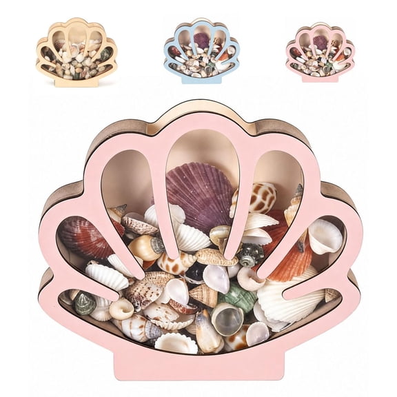 Seashell Display Box with Acrylic Window - Wooden Shell Shaped Holder Case for Seashells, Sea Glass, Shark Teeth, Small Starfish and Rocks, Beach Collection Keepsake Box for Home Decor