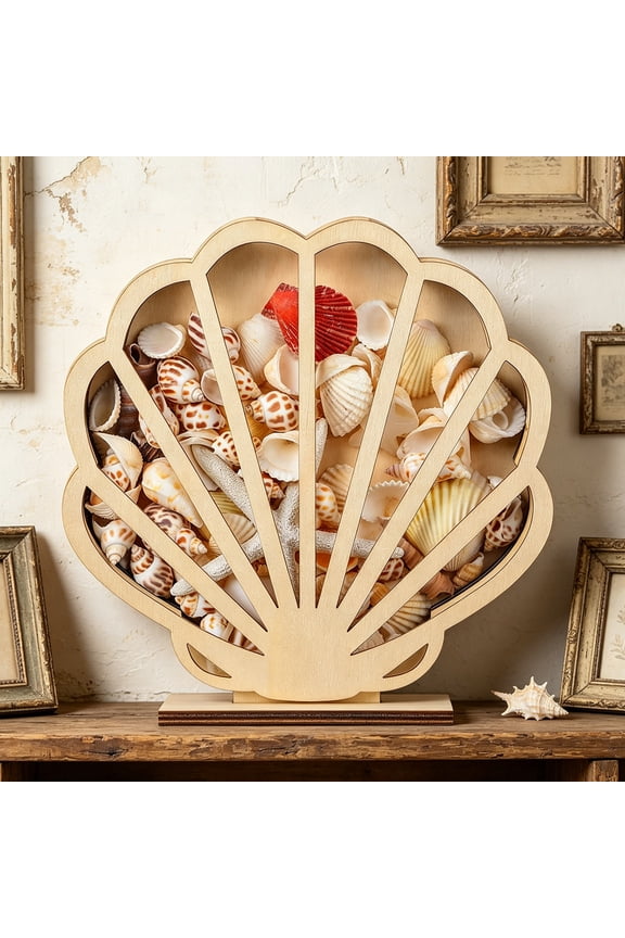 Seashell Display Box, Wooden Storage Box for Beach Decor, Wooden Seashell Collection Box with Transparent Window, for Desktop Storage, Beige Wooden Box, 7.87in x 7.87in