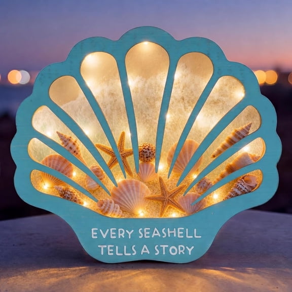 Seashell Display Case Wooden Sea Shell Holder with Lights and Window for Sea Glass, Starfish, Collection Shadow Box Beach Decor Birthday Graduation (Lake Blue)