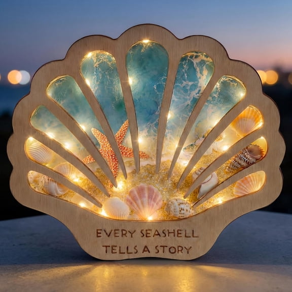 Seashell Display Case Wooden Sea Shell Holder with Lights and Window for Sea Glass, Starfish,   Collection Shadow Box Beach  Decor Birthday Graduation  Themed
