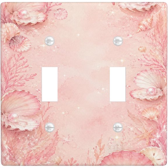 Seashell Double Light Switch Cover Plate, Coastal Romantic Coral Starfish Summer Peach Plastic Standard Size Switch Plate Decorative for New Apartment Home Bedroom Office Decor