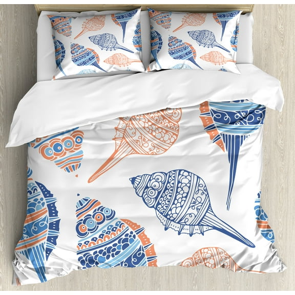 Seashell Duvet Cover Set, Maritime Sealife Sea Creatures Colorful Seashells in the Beach Doodle, Decorative 3 Piece Bedding Set with 2 Pillow Shams, Queen Size, Blue White Pale Orange, by Ambesonne