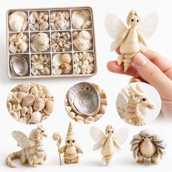 Seashell Fantasy Creatures DIY Craft Kit, 4 PCS Ocean Art Supplies, Whimsical Shell Decor, Easy Assembly for Kids Adults, Home Classroom Summer Camp Activity Gift