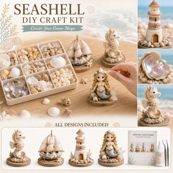 Seashell Fantasy Creatures DIY Craft Kit, 4-Piece Ocean-Themed Art Activity Set for Kids & Adults, Easy Assembly, No Tools Needed, Creative Home Decor & Gift Idea