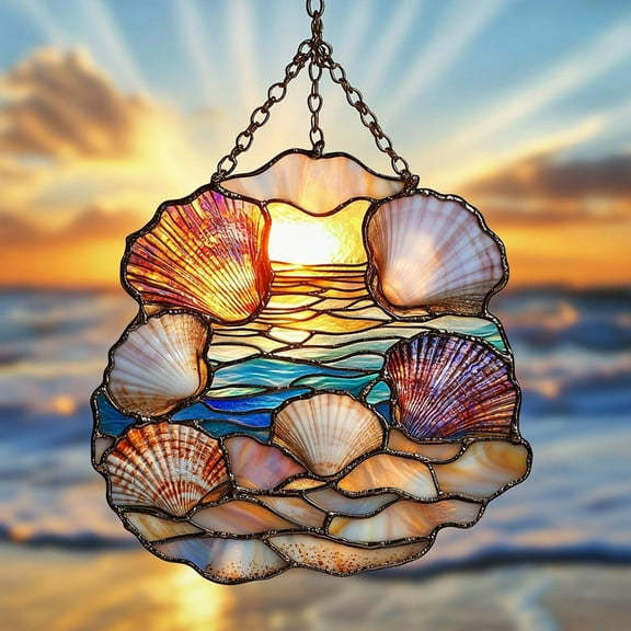 Seashell Faux Stained Glass Acrylic Suncatcher, Ocean Life Window Hanging, Coastal Beach Gift for Mom and Sea Lovers