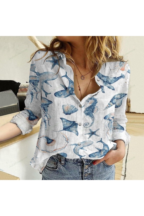 Seashell Fish Seahorse Blouses Shirt, Sea Animal Women Casual Shirt, Women's Clothing, Button Up Shirt, Long Sleeve Shirt, Gift For Her