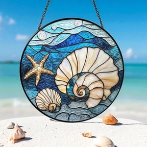 Seashell Glass Suncatcher, Beach Window Hanging Decor, Coastal Ocean Sun Catcher, Summer Shell Window Suncatcher, Wall Decor, Suncatcher Window Hanging, 3.5 in